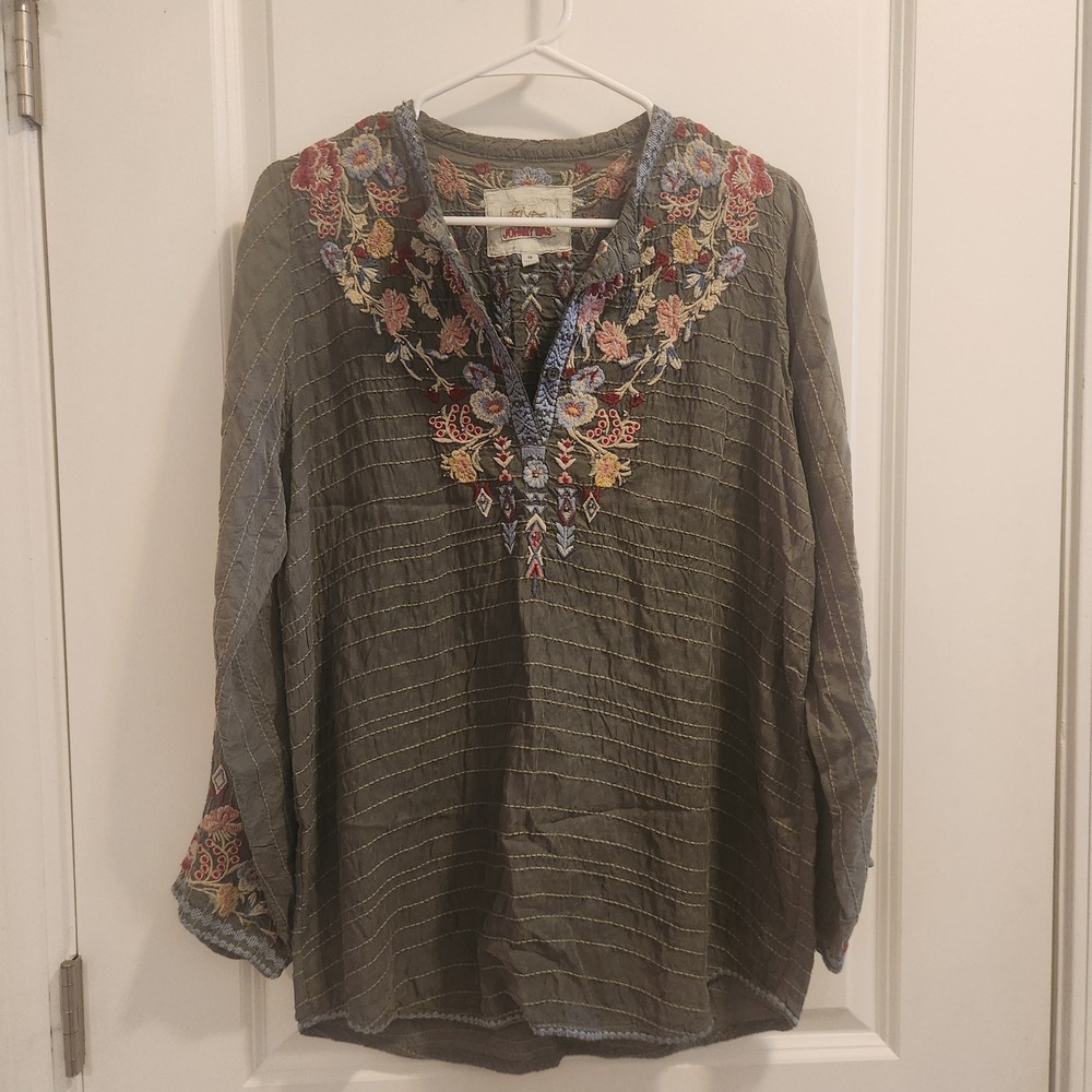 Johnny Was Biya Embroidered Tunic Top Olive Green Boho B10220-7 Womens XS